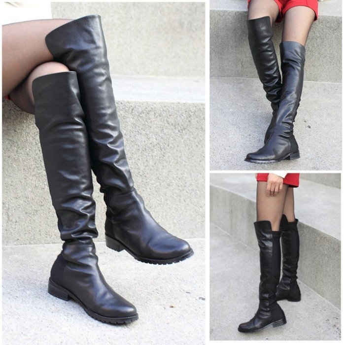 【牛皮彈力布過膝靴】 小牛皮平紋皮面&磨毛絨面牛麂皮