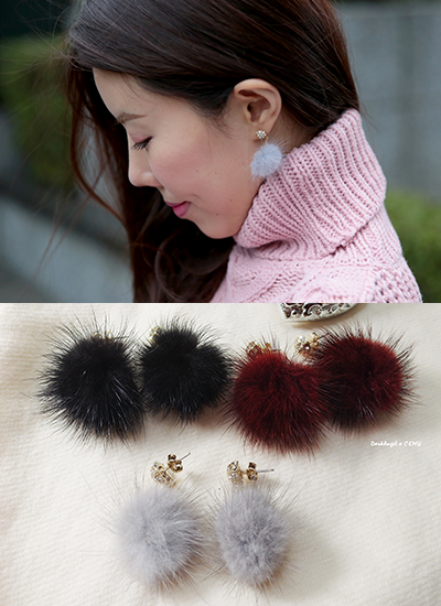 [現貨] 名媛水鑽絨球耳環