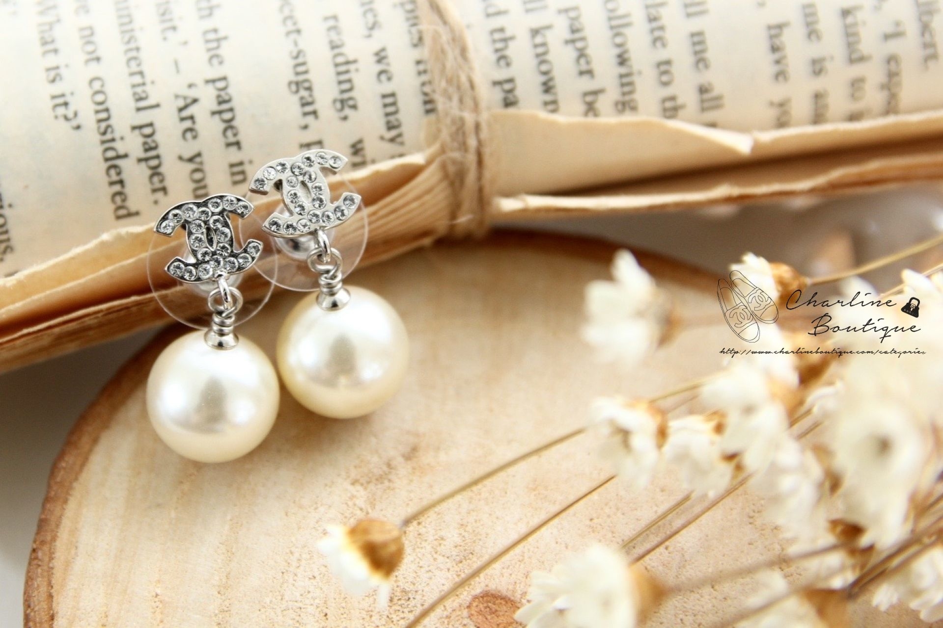 Chanel Earrings 銀色小CC水鑽垂墜珍珠耳環-Charline Boutique 精品代購
