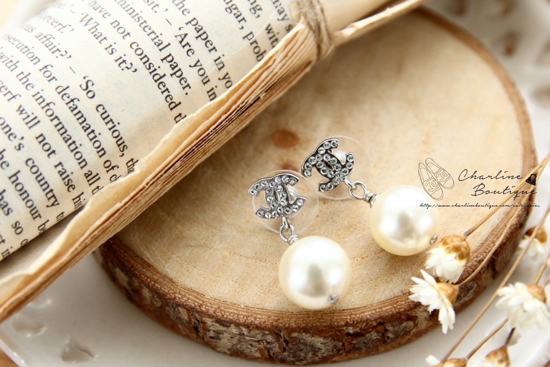 Chanel Earrings 銀色小CC水鑽垂墜珍珠耳環-Charline Boutique 精品代購