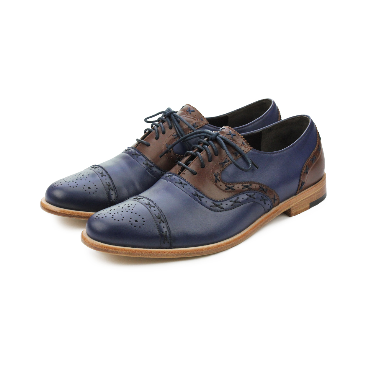Poppy M1093C Blue Brown Leather Oxford Shoes