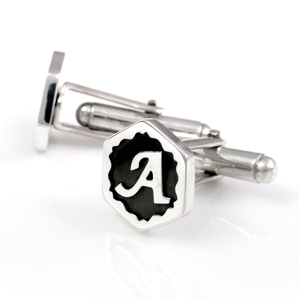 袖扣訂製 純銀袖扣姓名-六角形陽刻款-64DESIGN銀飾訂製