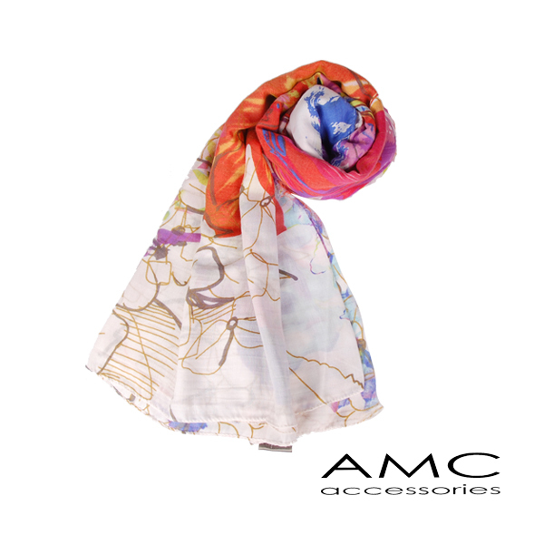 【Amarco】水彩畫感花葉圍巾