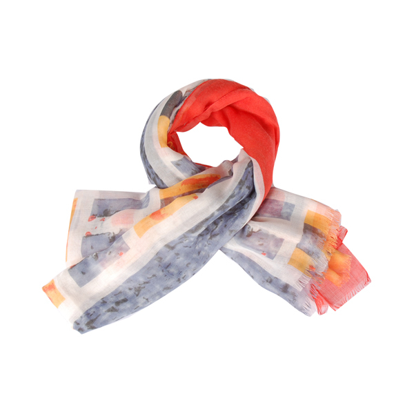 【Amarco】側橘邊中方塊圖案圍巾