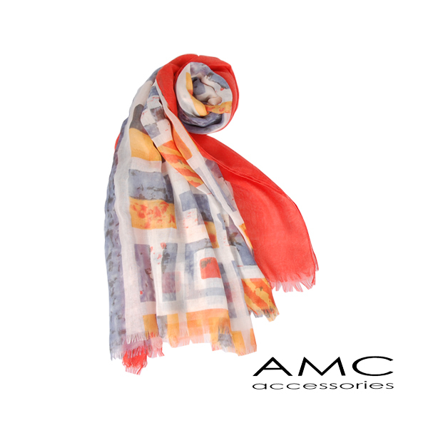 【Amarco】側橘邊中方塊圖案圍巾