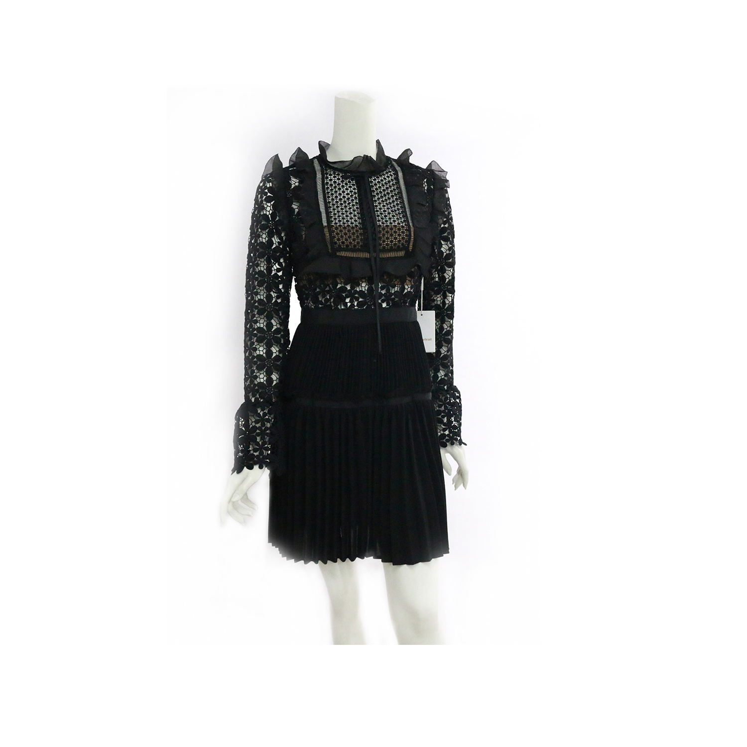 【self-portrait】長袖褶裙短洋裝 (黑蕾絲)SP9045B/BLACK