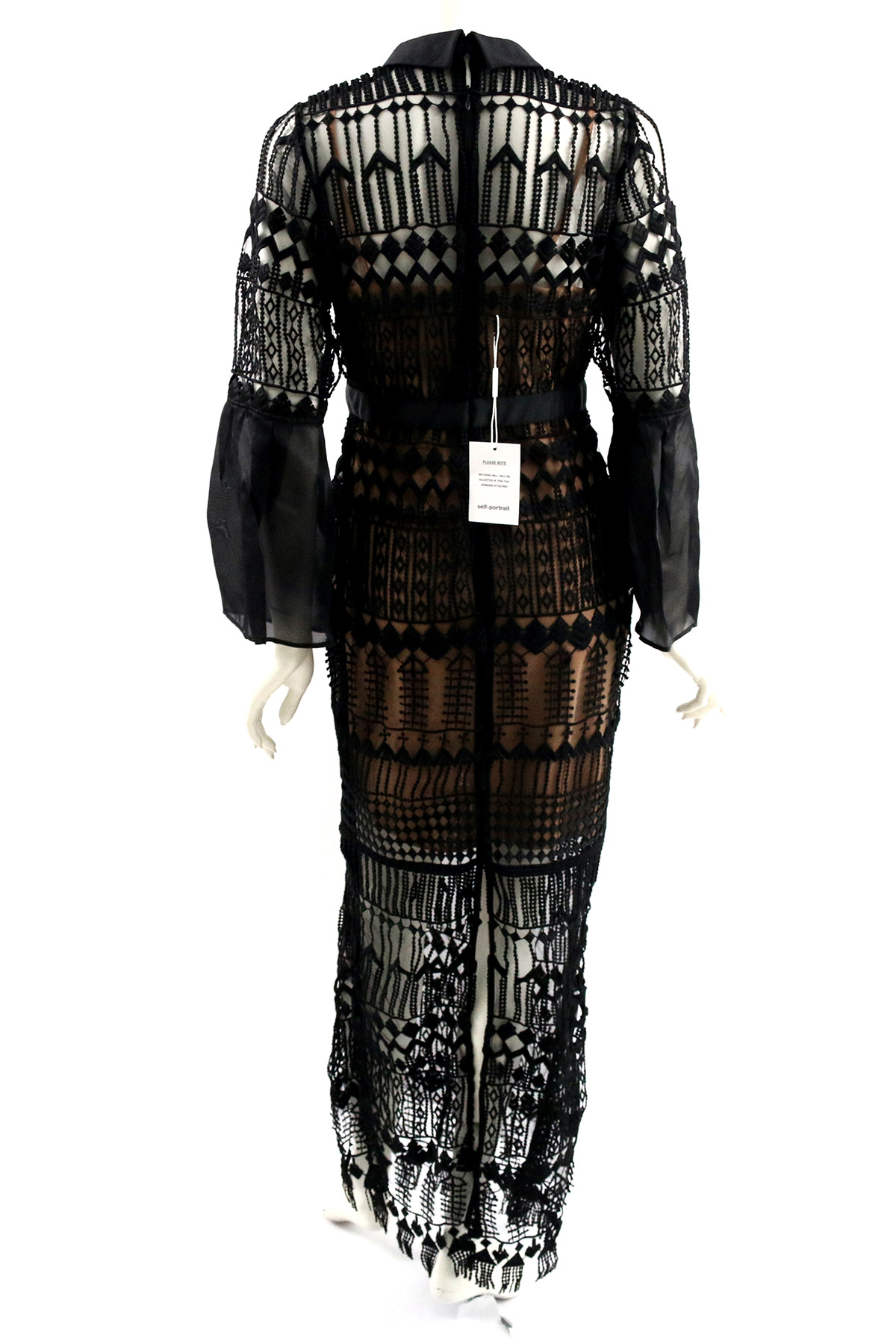 【self-portrait】長袖襯衫領雪紡蕾絲拖地長洋裝(黑色)SP9034/BLACK.NUDE