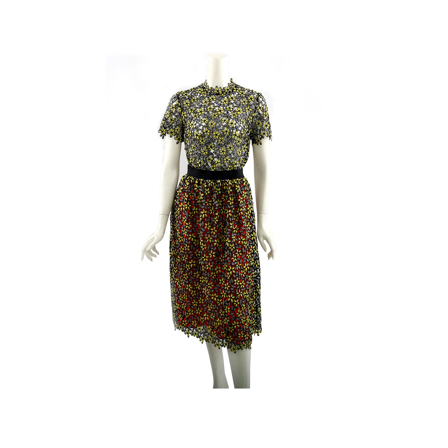 【self-portrait】蕾絲過膝裙(黃/黑拚色)SP9071/BLACK.YELLOW