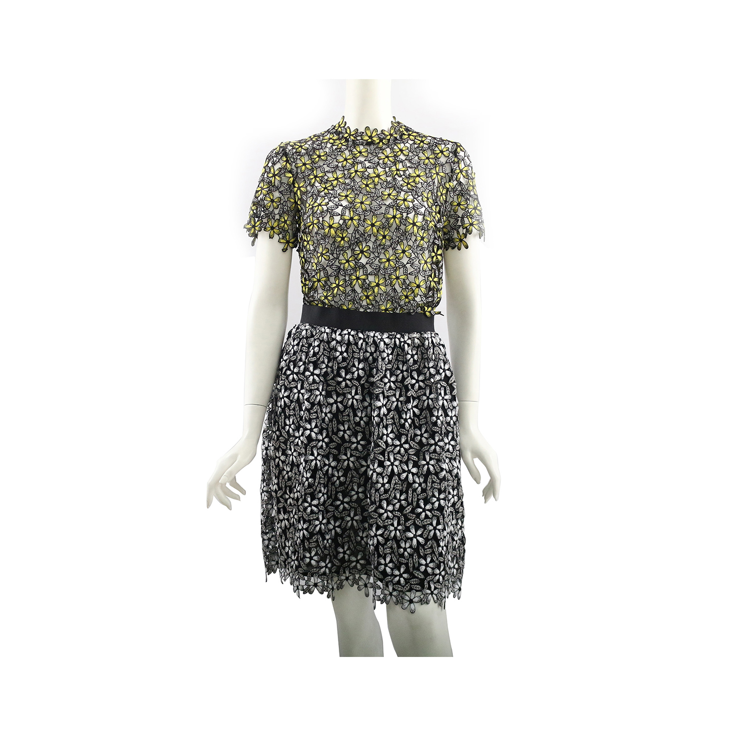 【self-portrait】花蕾絲及膝裙(白/黑拚色)SP9071/BLACK.WHITE