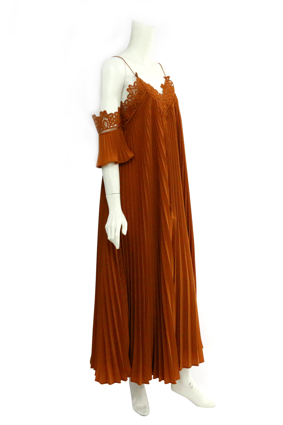 【self-portrait】細帶蕾絲百褶長洋裝(深駝色) SP9086/CAMEL