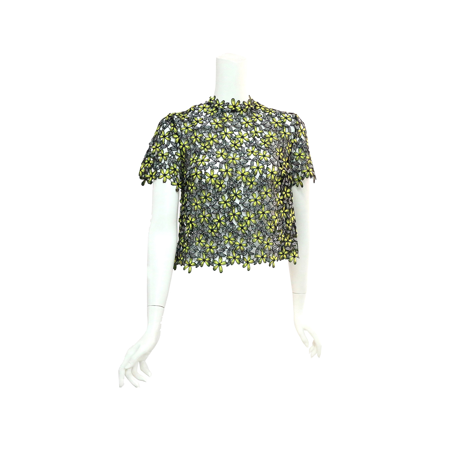 【self-portrait】蕾絲立領短袖上衣 (黑/黃色) SP9079/BLACK.YELLOW