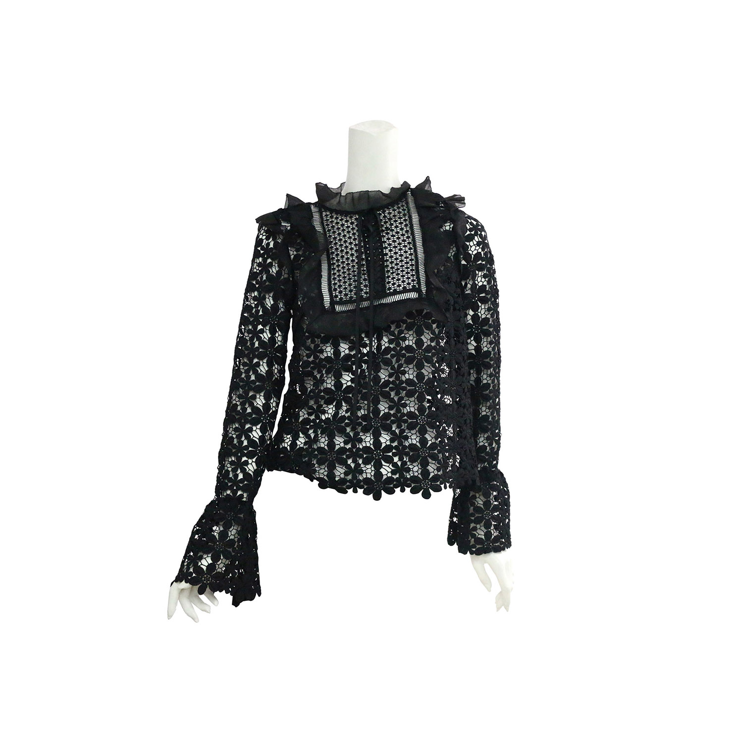 【self-portrait】蕾絲荷葉邊長袖上衣 (黑色) SP9065B/BLACK