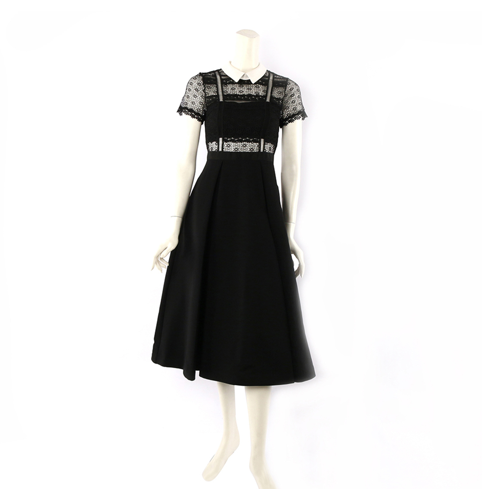 【self-portrait】短袖白領蕾絲寬過膝裙洋裝(黑色) SP10069/BLACKWHITE