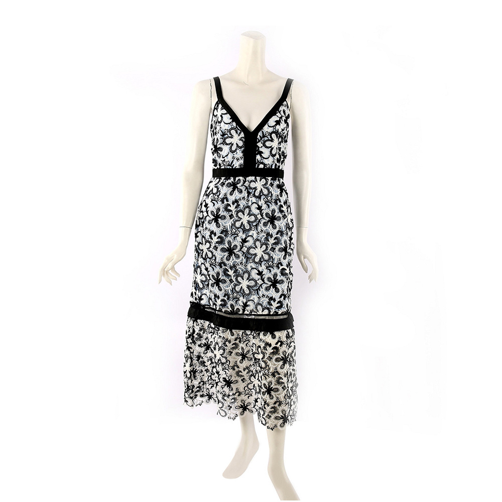 【self-portrait】 無袖蕾絲過膝洋裝 (拚色淺藍/白/黑) SP10068/BLUBLKWHI