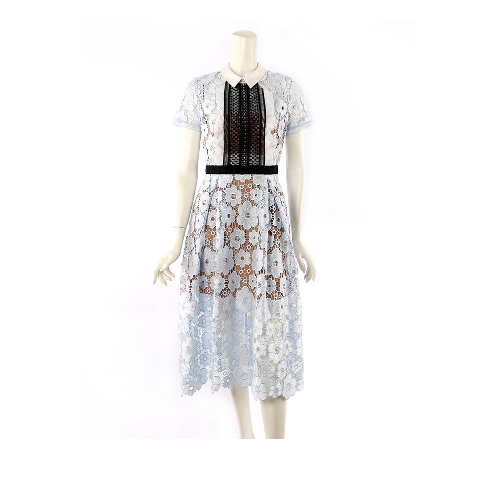 【self-portrait】短袖白領蕾絲過膝洋裝 (淺藍色) SP10029/BLUBLKWHINUD