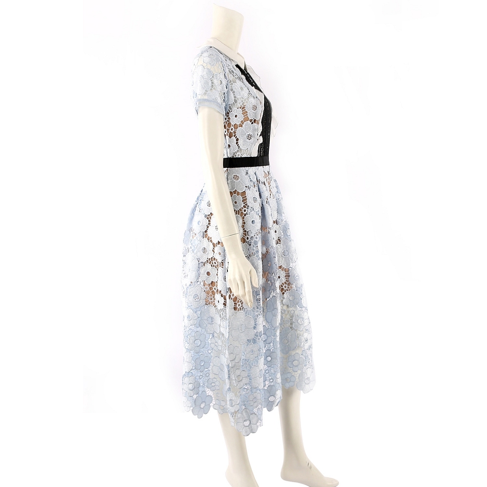 【self-portrait】短袖白領蕾絲過膝洋裝 (淺藍色) SP10029/BLUBLKWHINUD