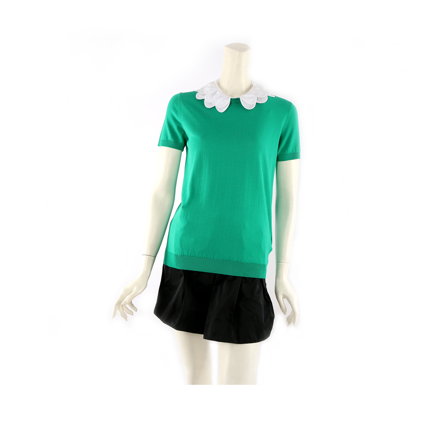 【N°21】滾白色荷葉領針織短袖上衣  (竹子綠)