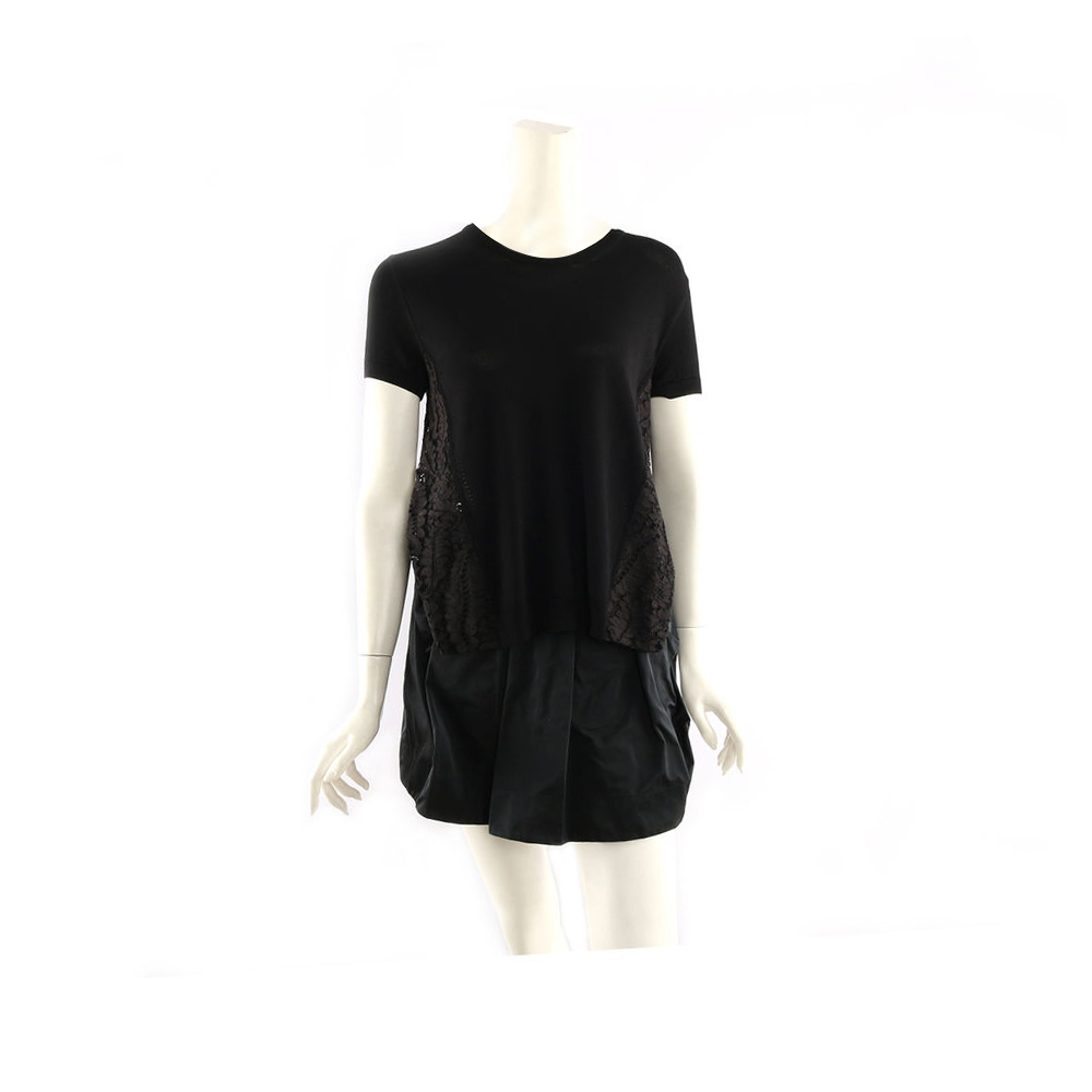 【N°21】圓領針織短袖上衣(側邊蕾絲) 38  (黑色)