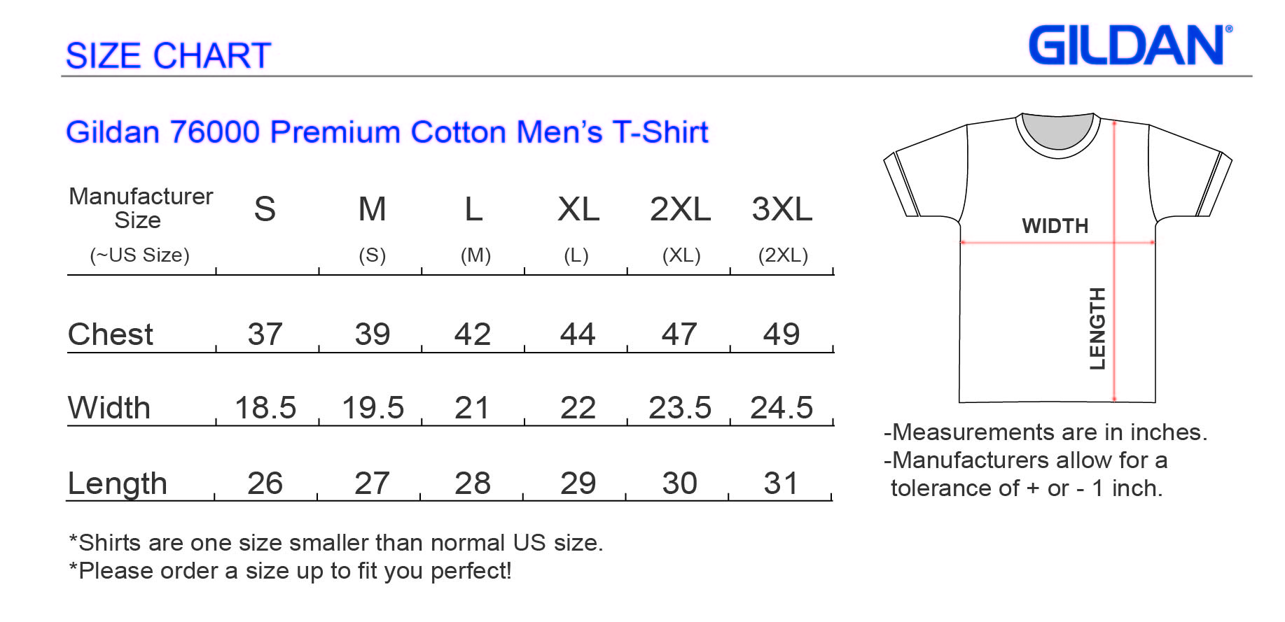 Gildan 76000 Size Chart