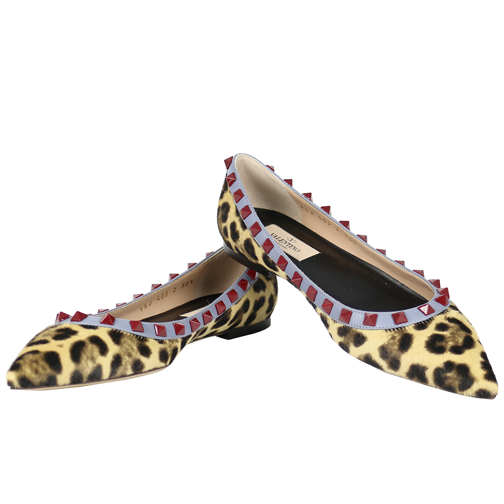 【Valentino】紅鉚釘ROCKSTUDS平底鞋   (豹紋馬毛+灰藍邊) JW2S0403WCM C25