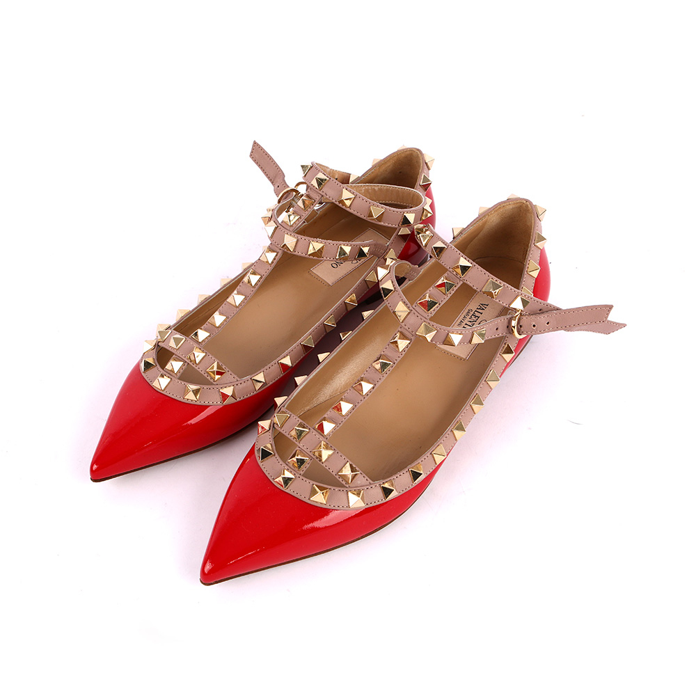 【Valentino】牛皮尖頭二環ROCKSTUDS平底鞋(莓紅色) IW0S0376 VNW R19