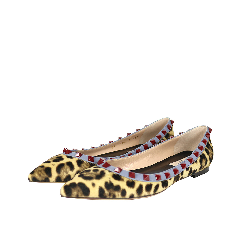 【Valentino】紅鉚釘ROCKSTUDS平底鞋   (豹紋馬毛+灰藍邊) JW2S0403WCM C25