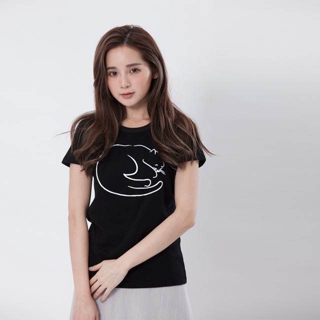 貓咪愛睡覺 蜜桃棉 短袖 女T 黑色