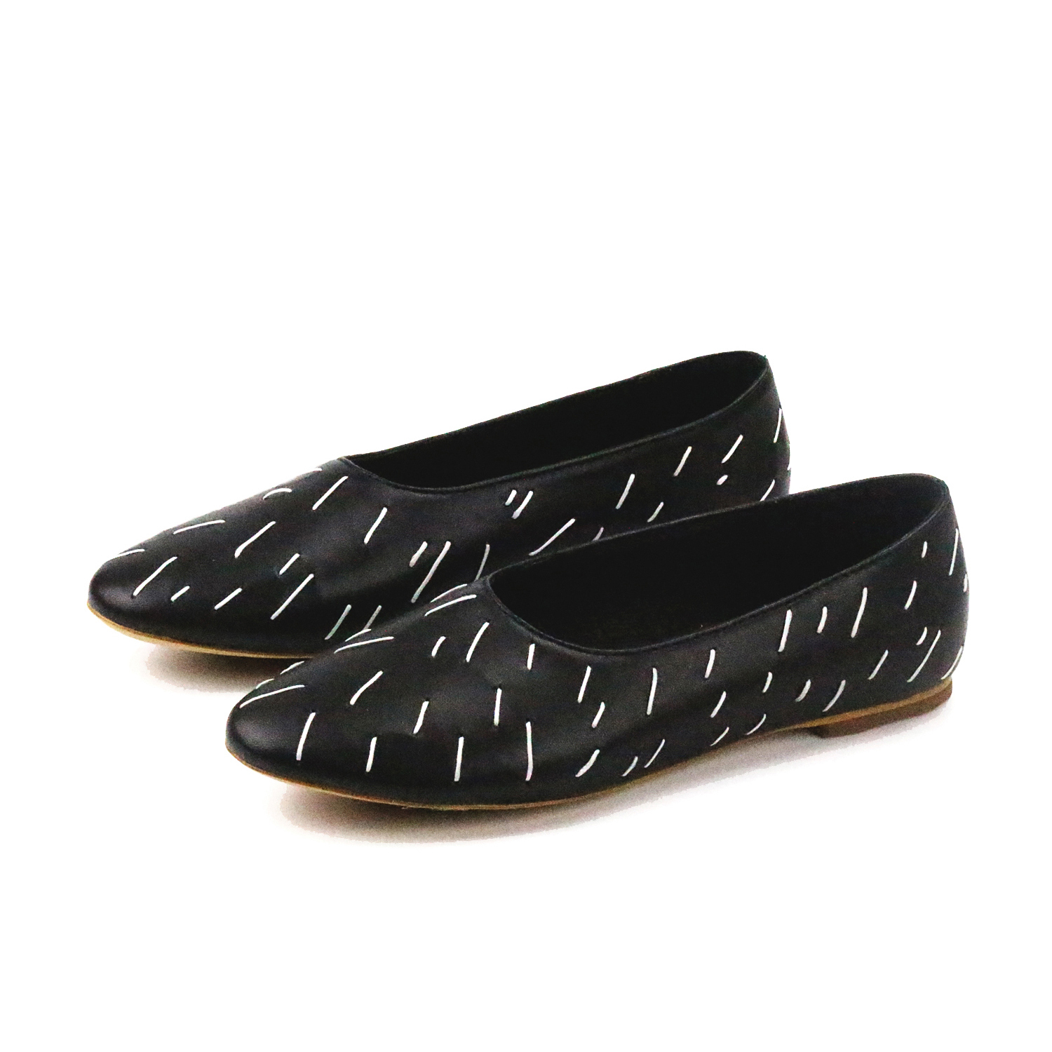MEMORY W1057 Black Leather Ballet Flats