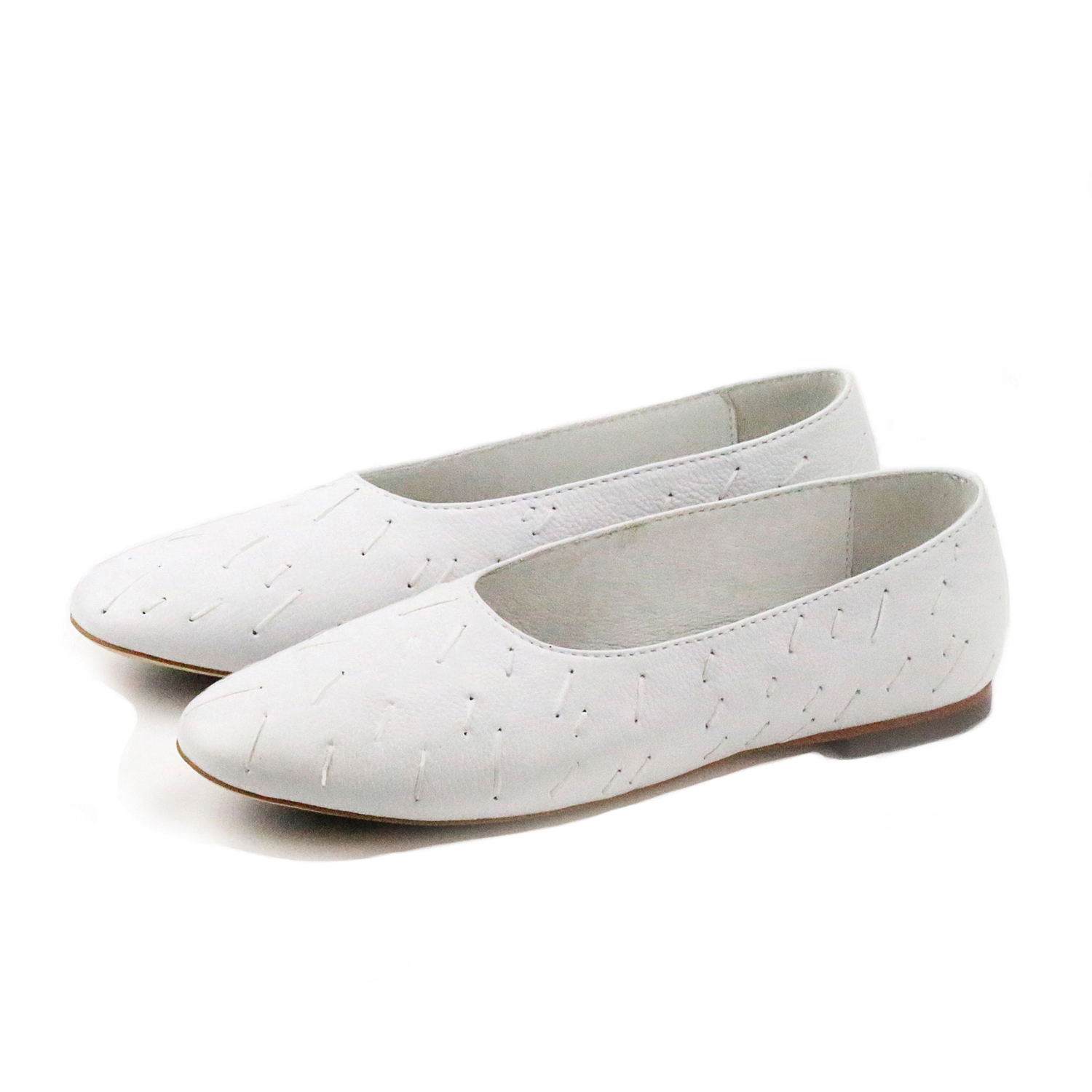 MEMORY W1057 White Leather Ballet Flats