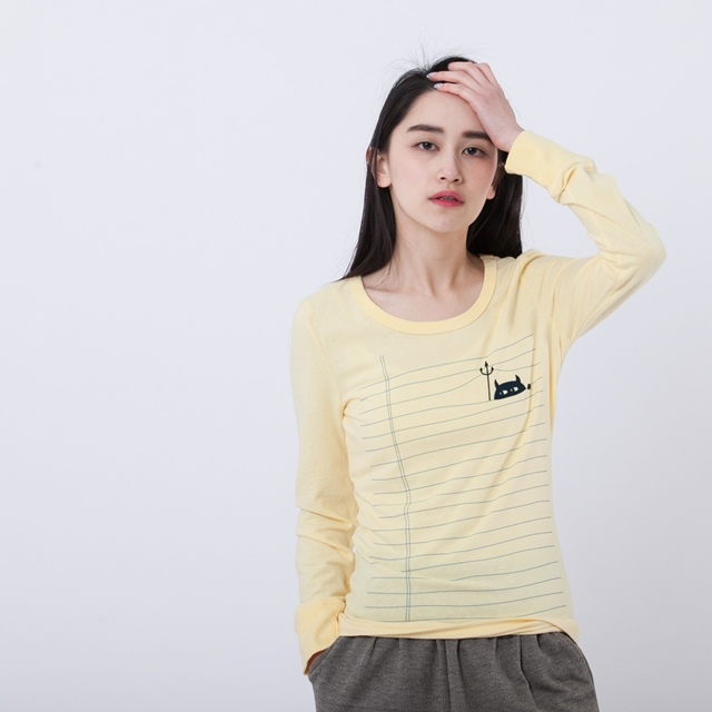 惡魔捉迷藏 長袖 蜜桃棉 女T 鵝黃色