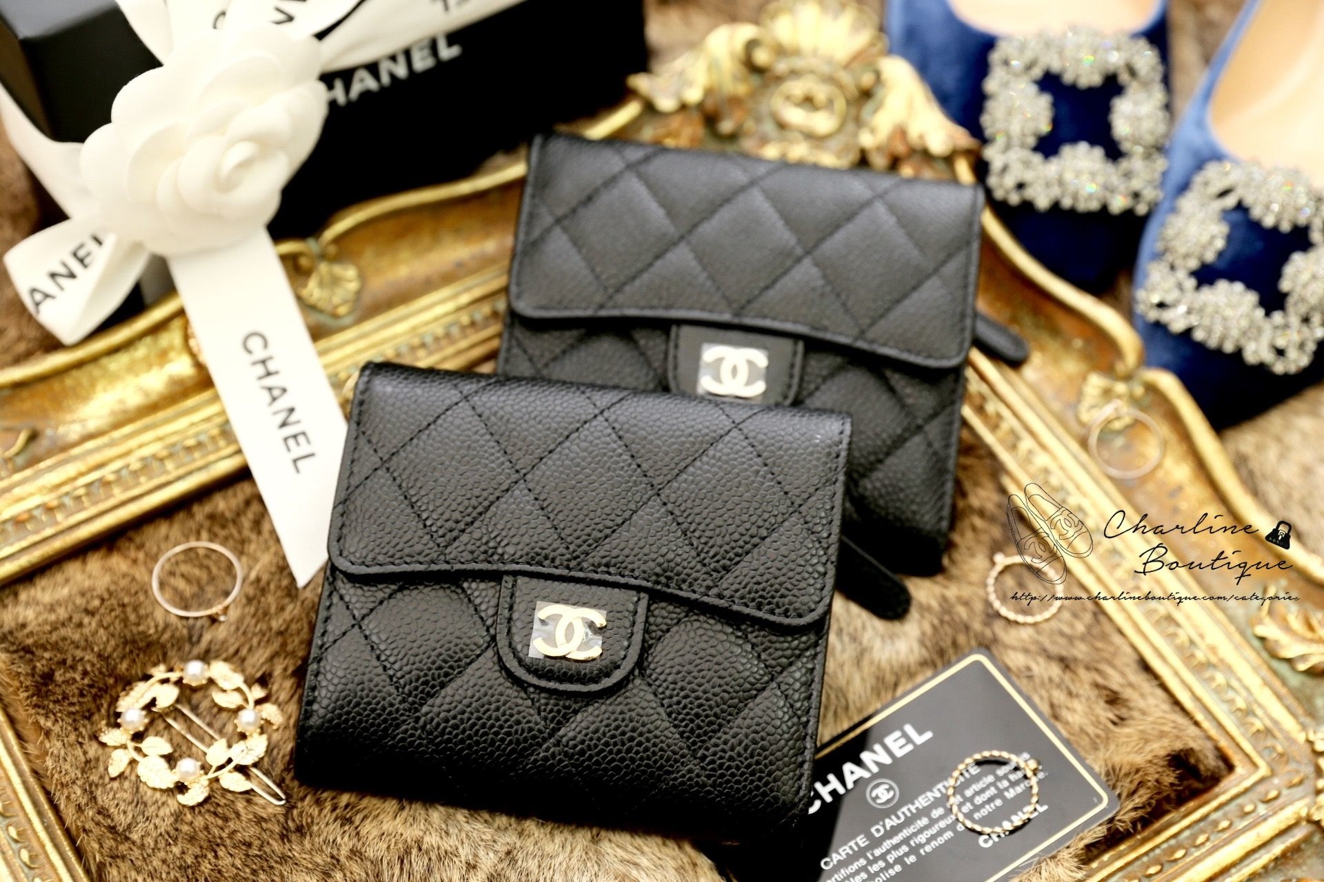 Chanel Classic Small Flap Wallet 黑色金釦荔枝紋三折短夾-Charline Boutique 精品代購