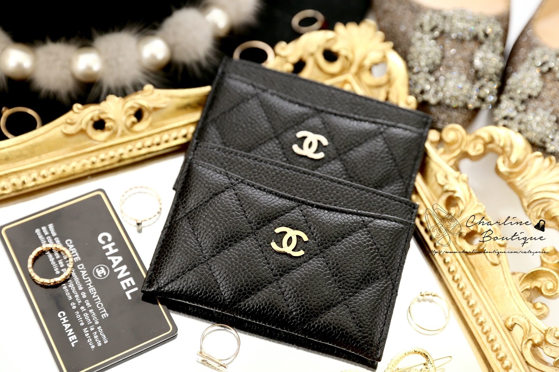 Chanel Classic Card Holder 黑色金CC荔枝菱格紋酒紅色內裡卡片夾 黑色菱格紋卡片夾金色與銀色CC Logo比較展示