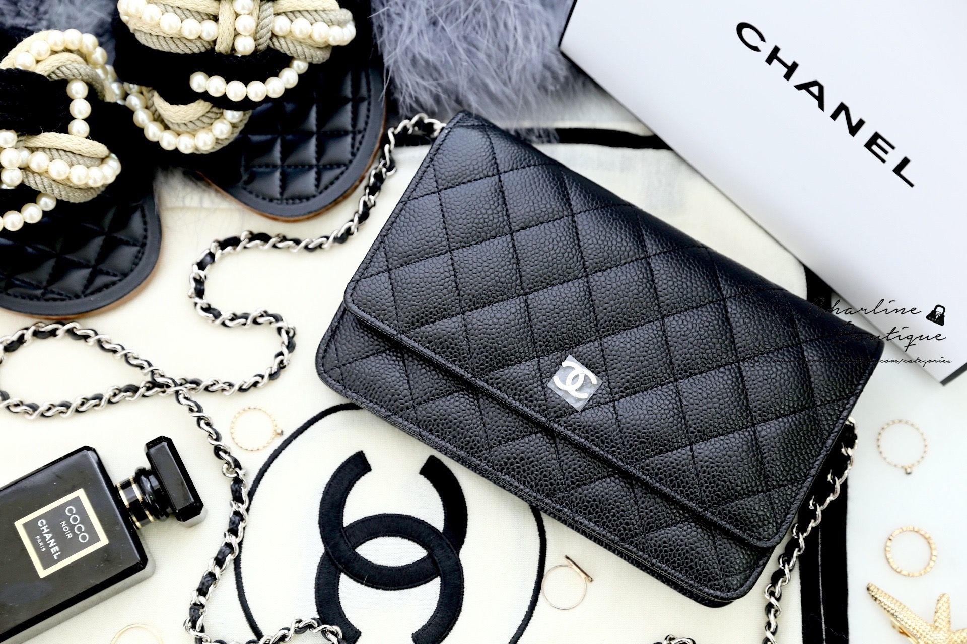 Chanel Classic Wallet On Chain 黑色銀CC鍊帶荔枝菱格紋肩背包