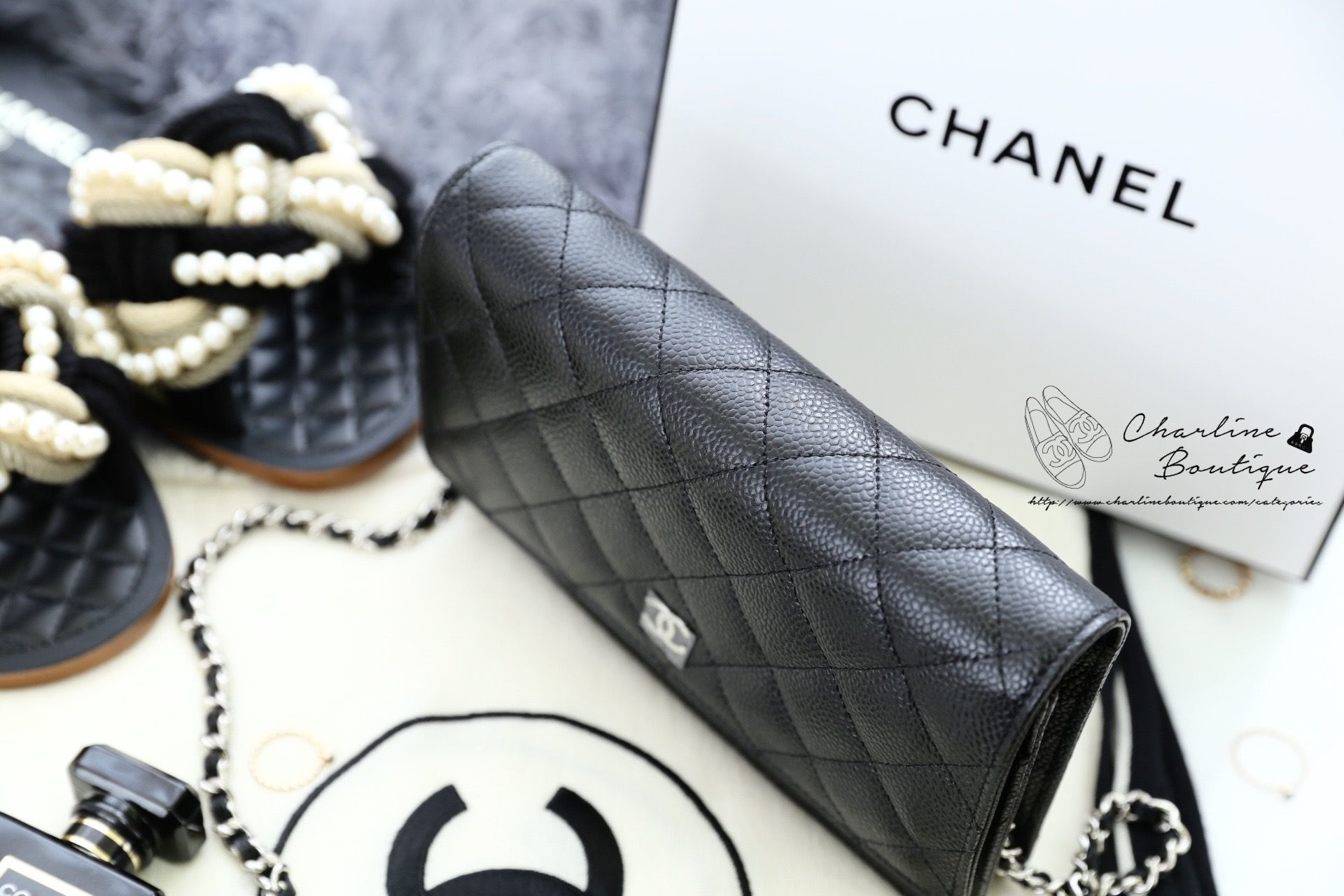 Chanel Classic Wallet On Chain 黑色銀CC鍊帶荔枝菱格紋肩背包