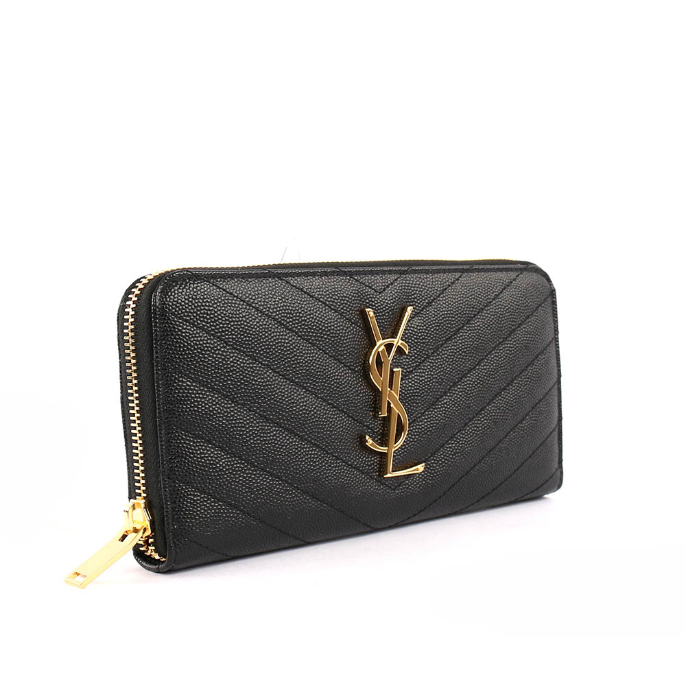 【YSL/ Saint Laurent Paris】山形紋荔枝皮金字logoㄇ型拉鏈長夾(黑色) 358094 BOW01 1000