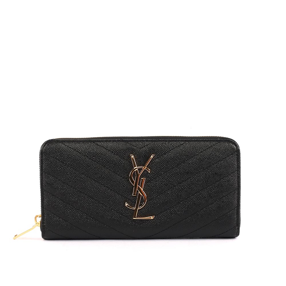 【YSL/ Saint Laurent Paris】山形紋荔枝皮金字logoㄇ型拉鏈長夾(黑色) 358094 BOW01 1000