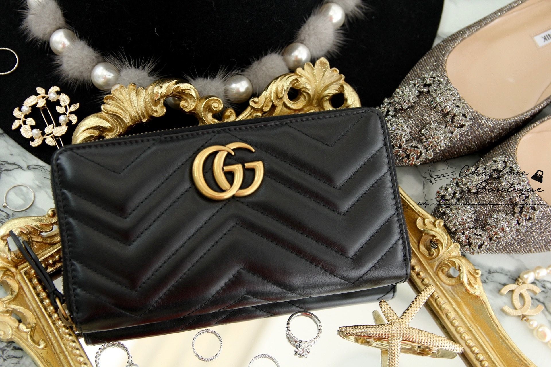 Gucci GG Marmont Zip Around Wallet 黑色古銅金GG全拉鍊式皮夾-Charline Boutique 精品代購