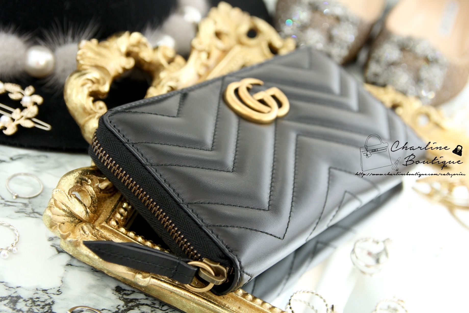 Gucci GG Marmont Zip Around Wallet 黑色古銅金GG全拉鍊式皮夾-Charline Boutique 精品代購