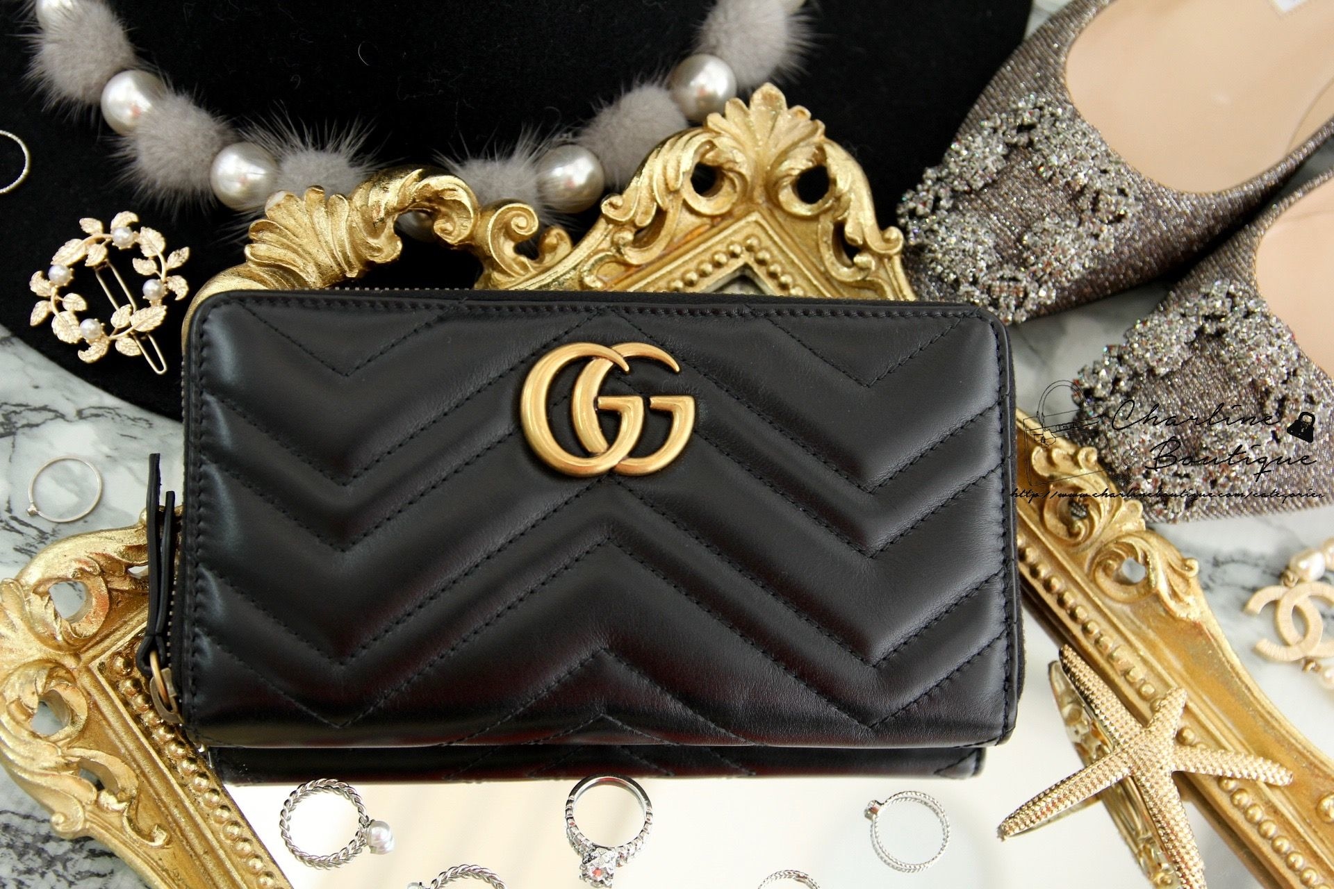 Gucci GG Marmont Zip Around Wallet 黑色古銅金GG全拉鍊式皮夾-Charline Boutique 精品代購