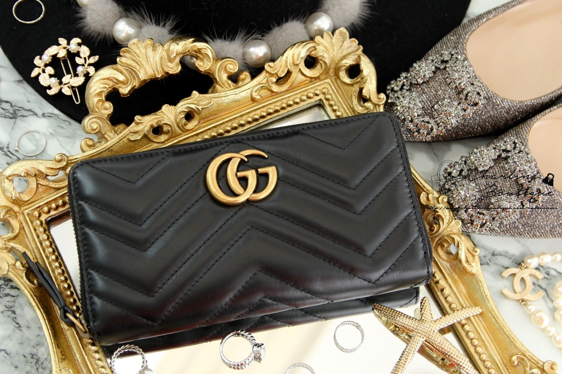 Gucci GG Marmont Zip Around Wallet 黑色古銅金GG全拉鍊式皮夾-Charline Boutique 精品代購