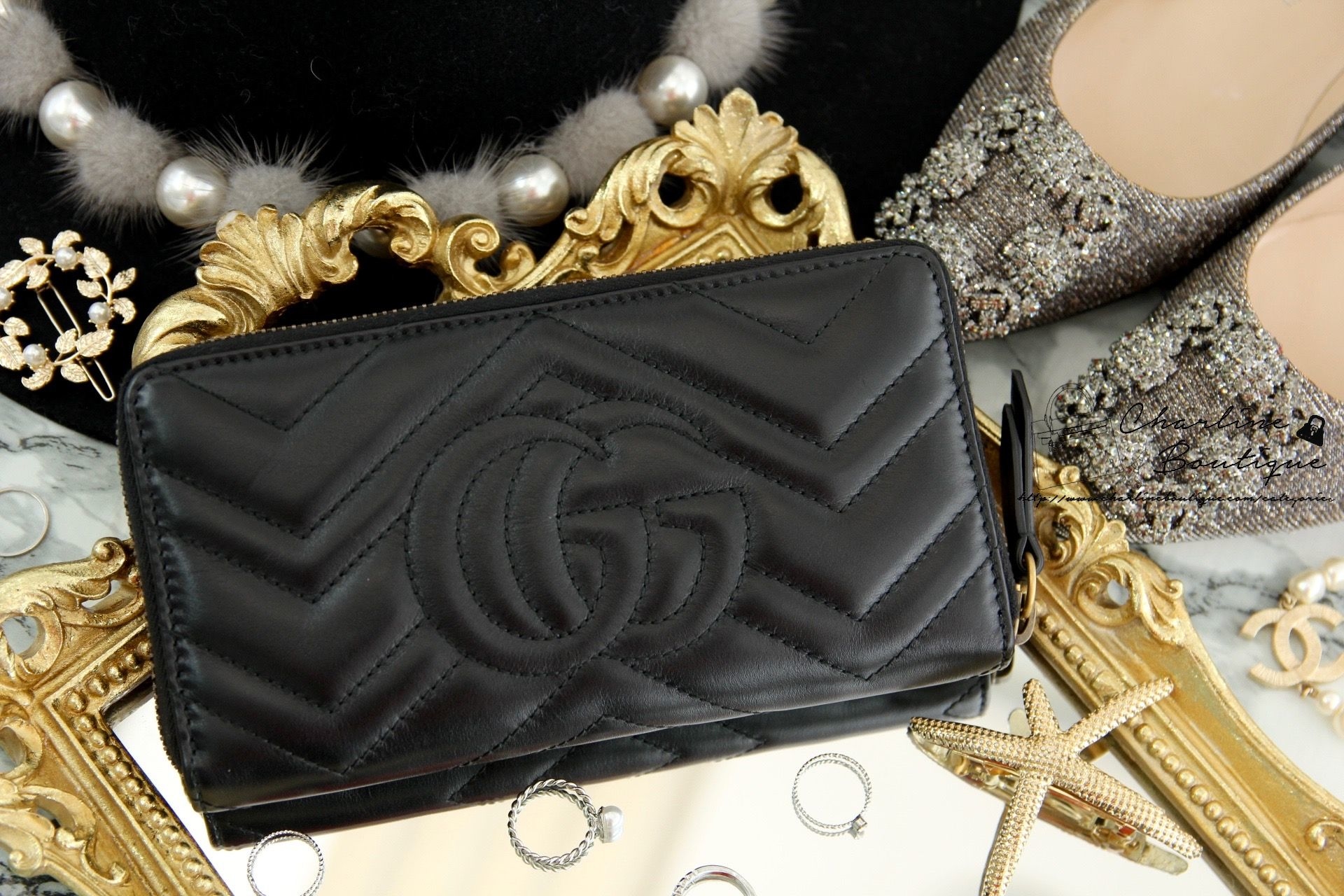 Gucci GG Marmont Zip Around Wallet 黑色古銅金GG全拉鍊式皮夾-Charline Boutique 精品代購