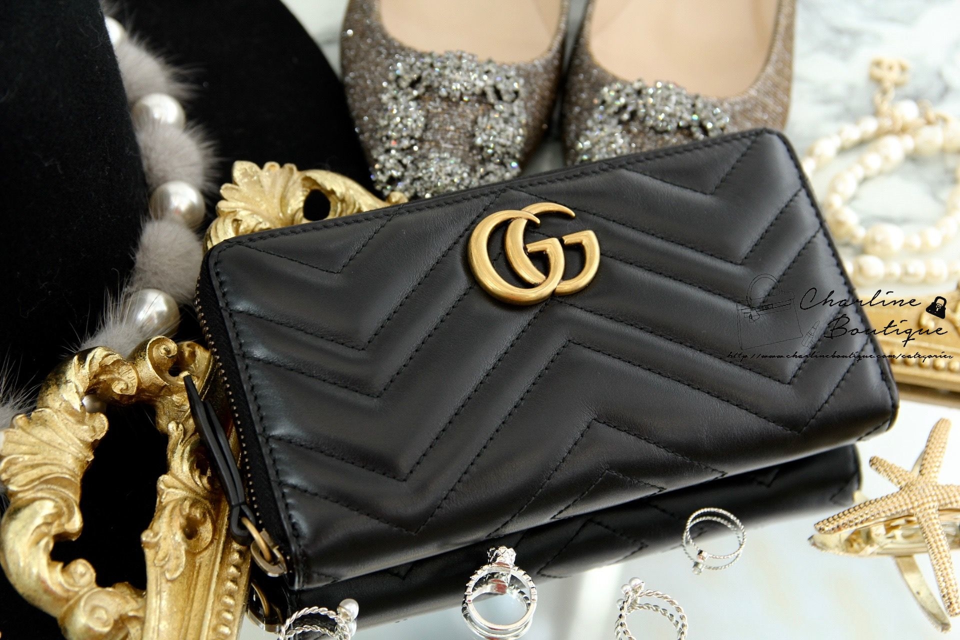 Gucci GG Marmont Zip Around Wallet 黑色古銅金GG全拉鍊式皮夾-Charline Boutique 精品代購