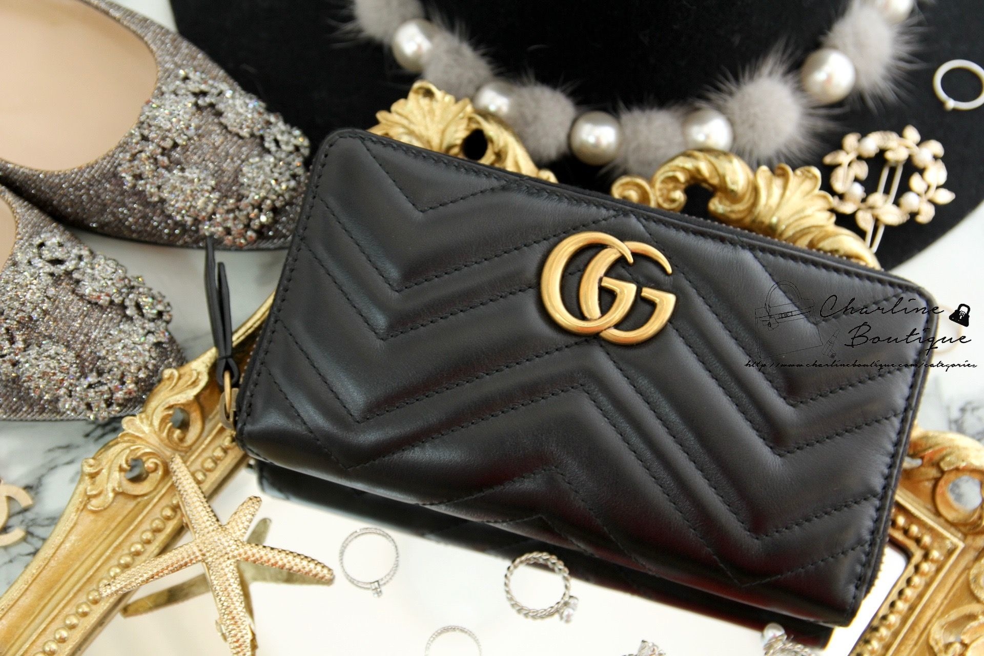 Gucci GG Marmont Zip Around Wallet 黑色古銅金GG全拉鍊式皮夾-Charline Boutique 精品代購