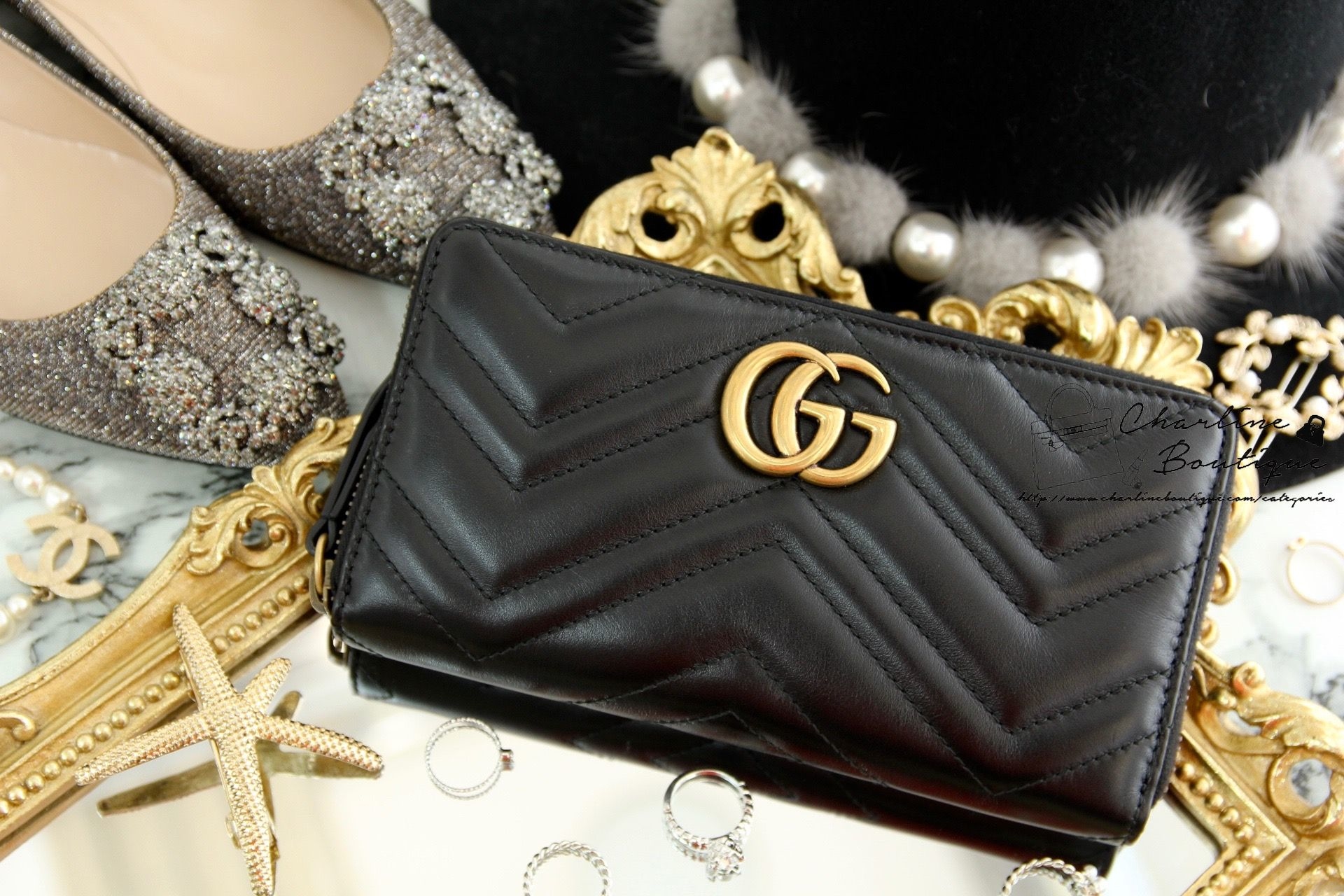 Gucci GG Marmont Zip Around Wallet 黑色古銅金GG全拉鍊式皮夾-Charline Boutique 精品代購