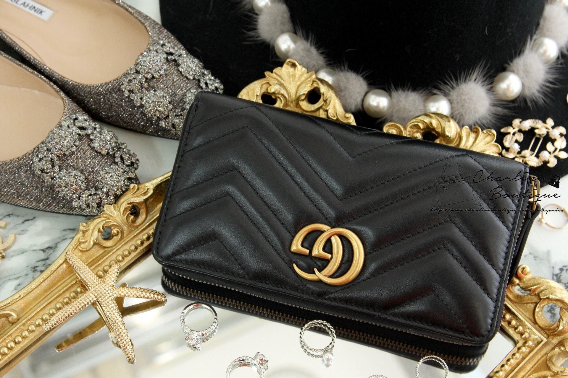 Gucci GG Marmont Zip Around Wallet 黑色古銅金GG全拉鍊式皮夾-Charline Boutique 精品代購