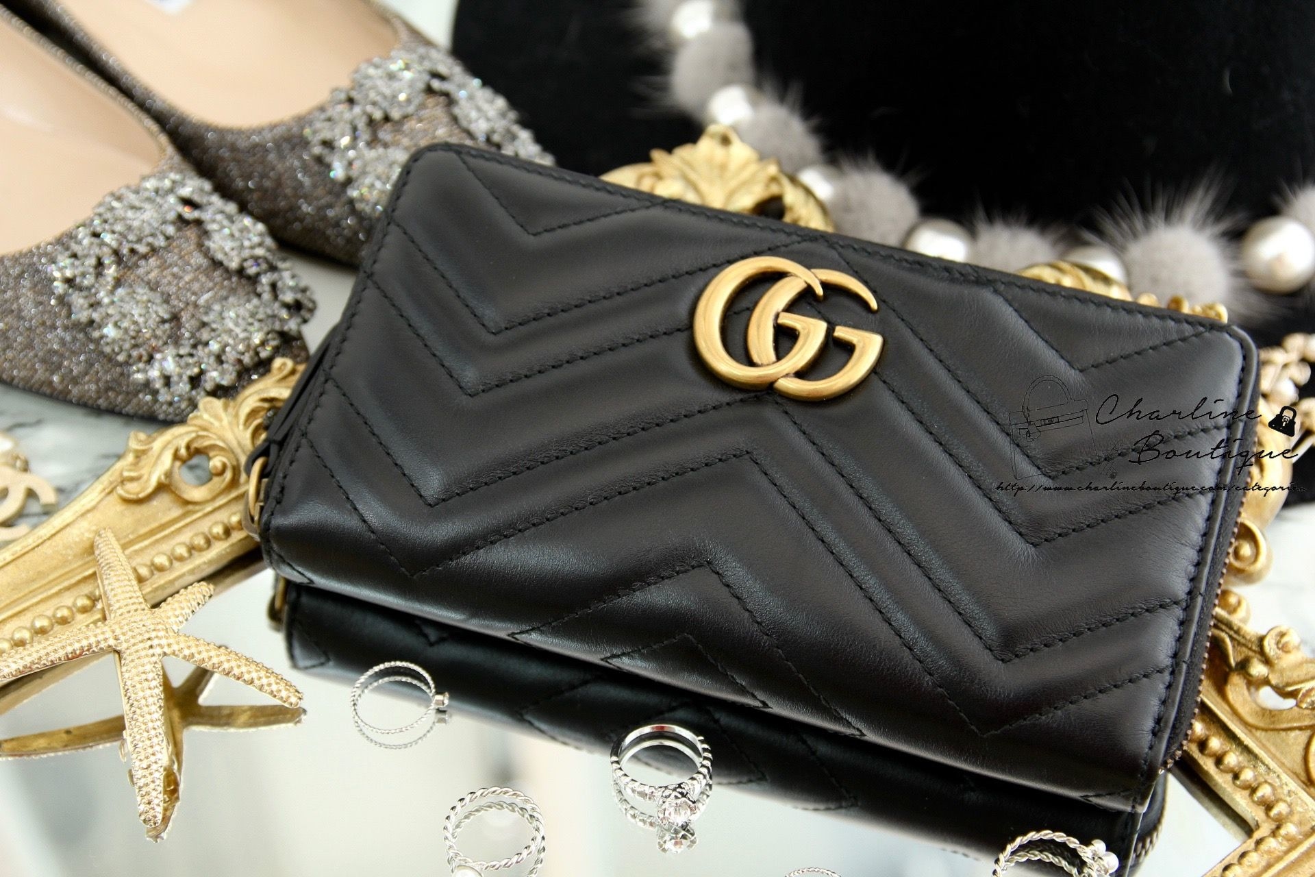 Gucci GG Marmont Zip Around Wallet 黑色古銅金GG全拉鍊式皮夾-Charline Boutique 精品代購