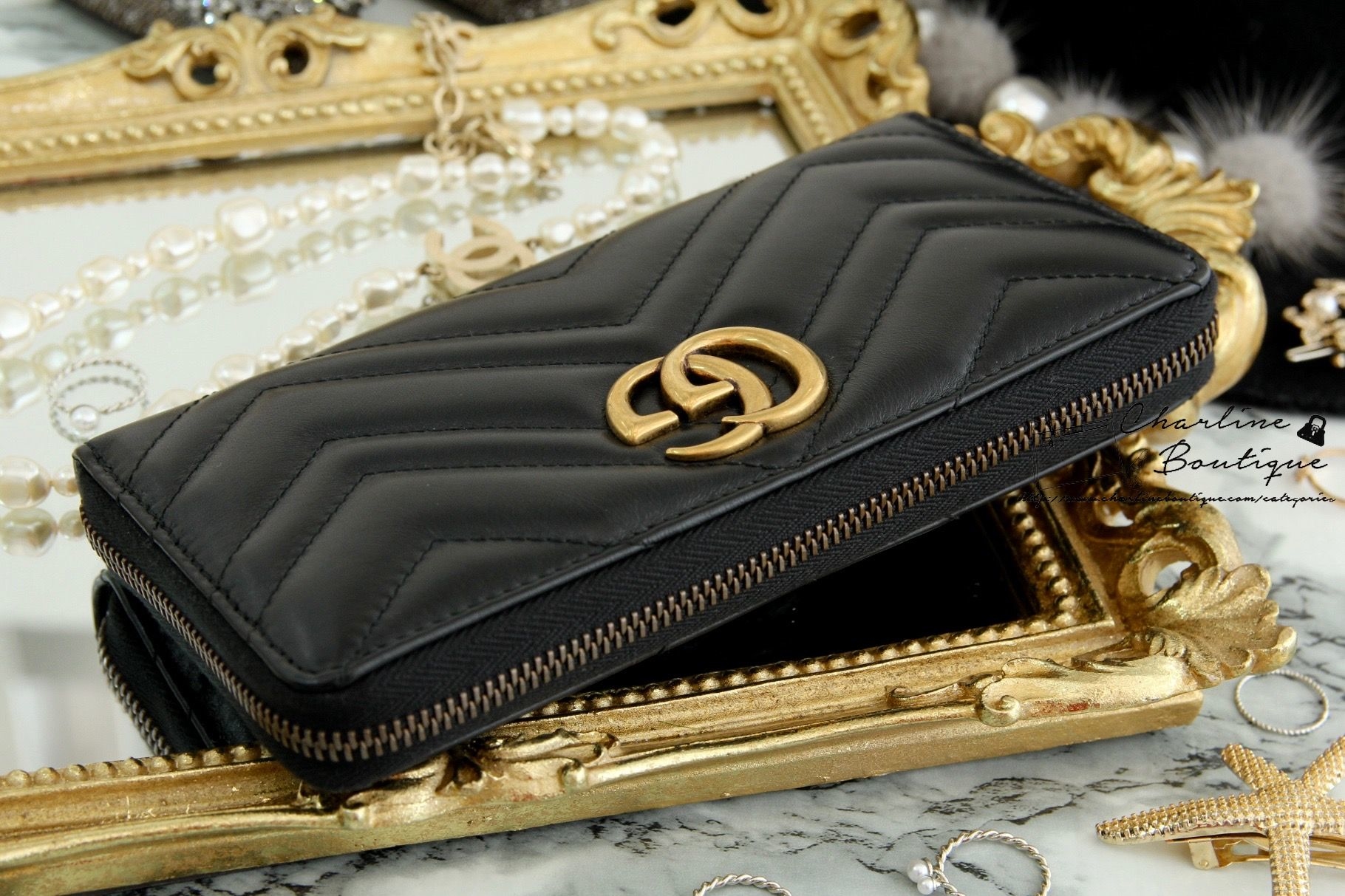 Gucci GG Marmont Zip Around Wallet 黑色古銅金GG全拉鍊式皮夾-Charline Boutique 精品代購