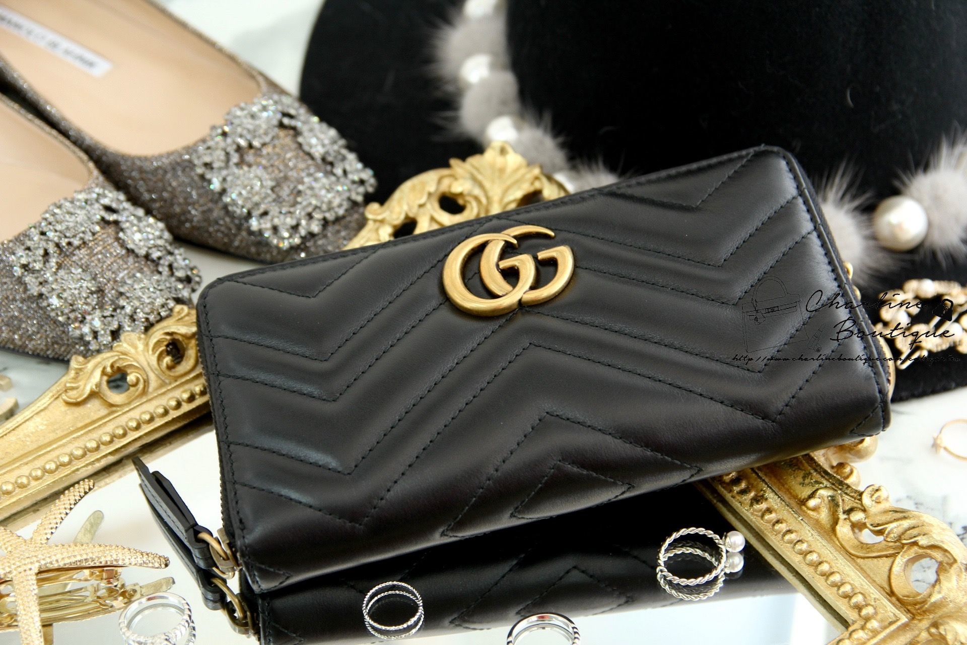 Gucci GG Marmont Zip Around Wallet 黑色古銅金GG全拉鍊式皮夾-Charline Boutique 精品代購