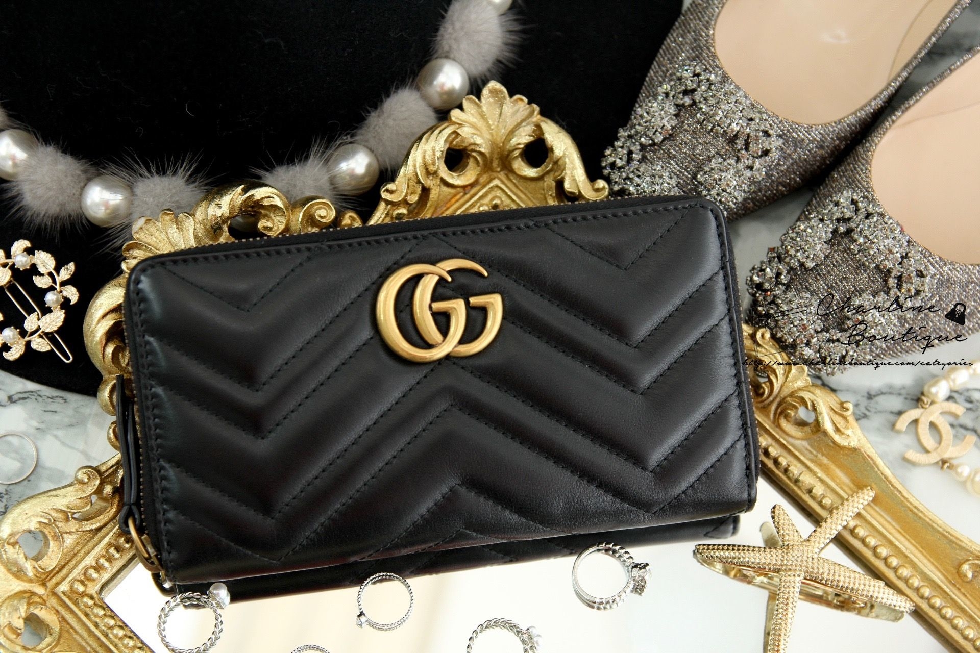 Gucci GG Marmont Zip Around Wallet 黑色古銅金GG全拉鍊式皮夾