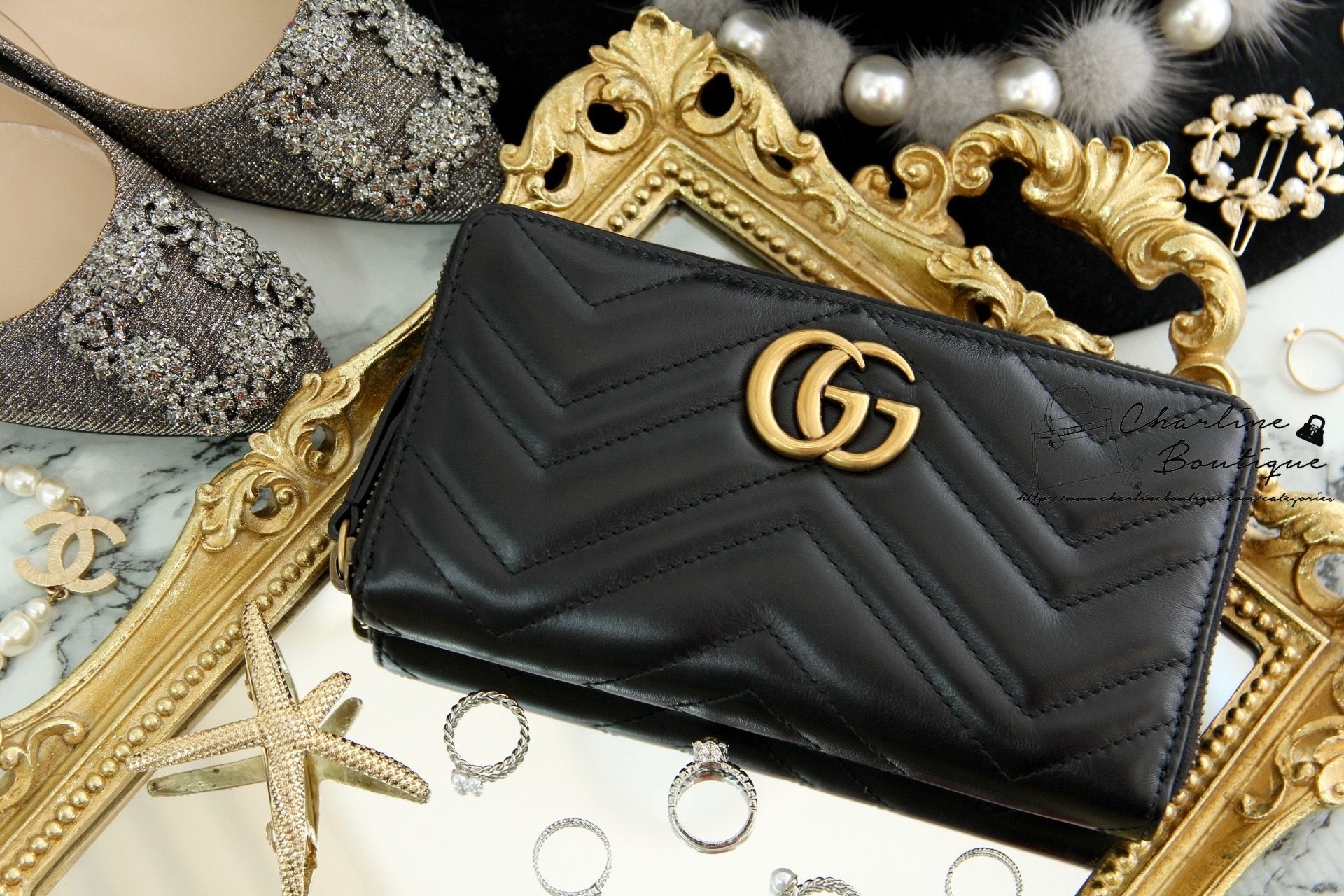Gucci GG Marmont Zip Around Wallet 黑色古銅金GG全拉鍊式皮夾